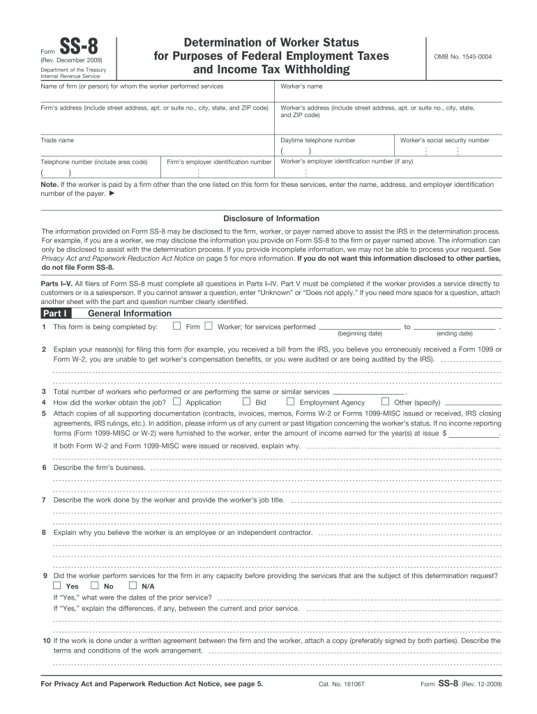 2009 Form IRS SS 8 Fill Online Printable Fillable Blank PdfFiller