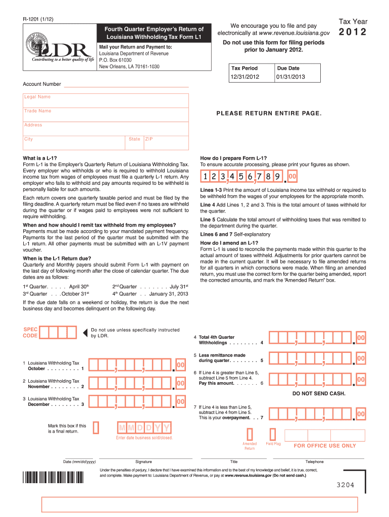 2012 Form LA LDR R 1201 Fill Online Printable Fillable Blank PdfFiller