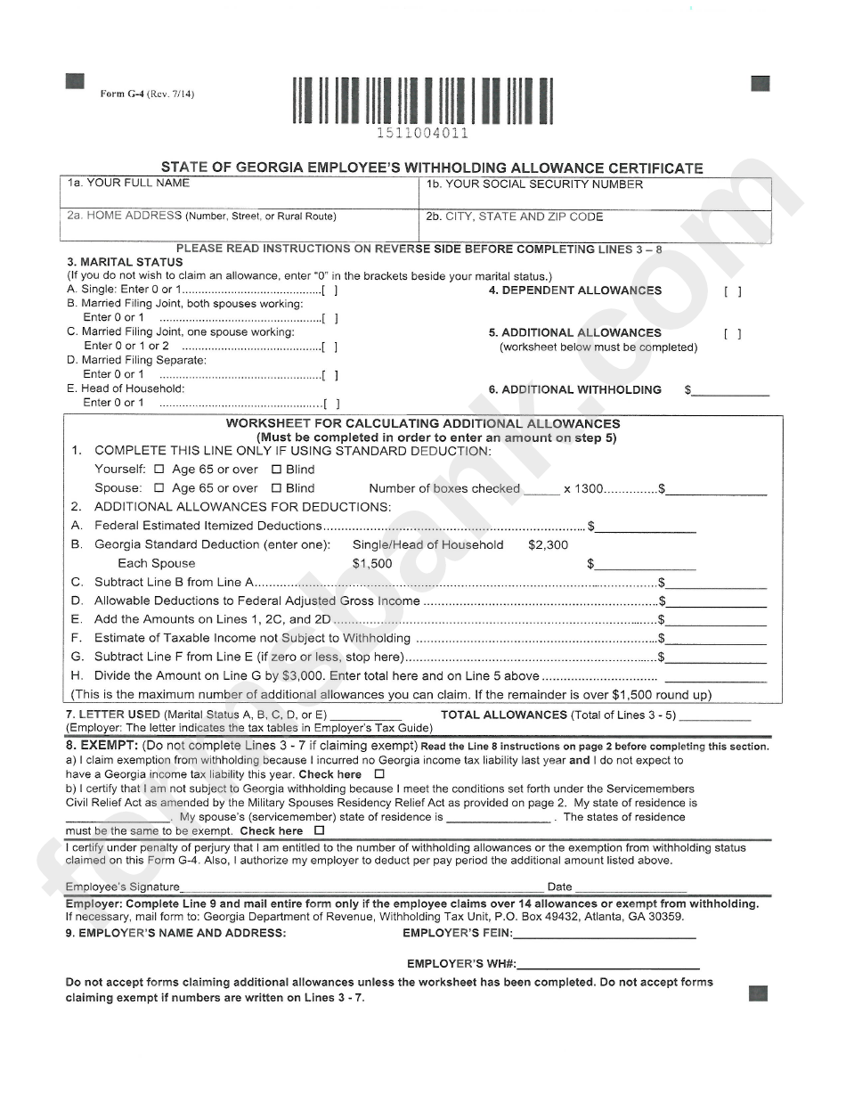 2015 G4 State Of Georgia Employee S Withholding Allowance Certificate 