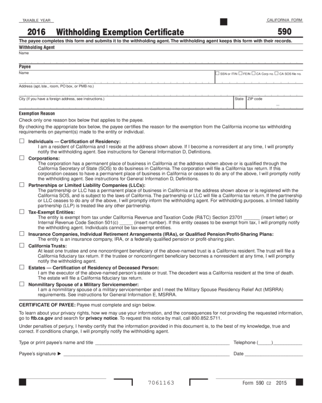 2016 Form 590 Withholding Exemption Certificate Edit Fill Sign 