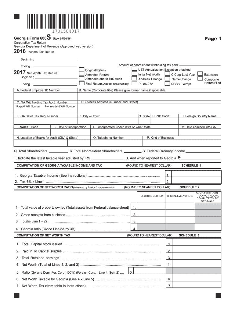 2016 Form GA DoR 600S Fill Online Printable Fillable Blank PdfFiller