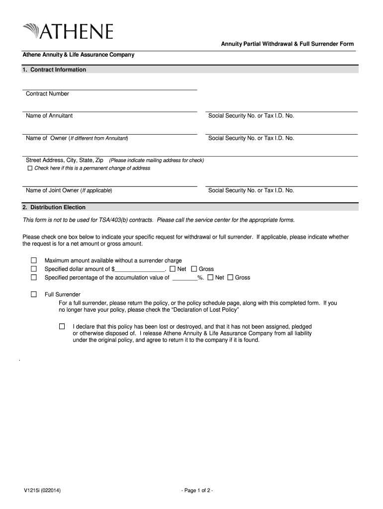 Annuity Partial Withdrawal Full Surrender Form Athene Fill Out And