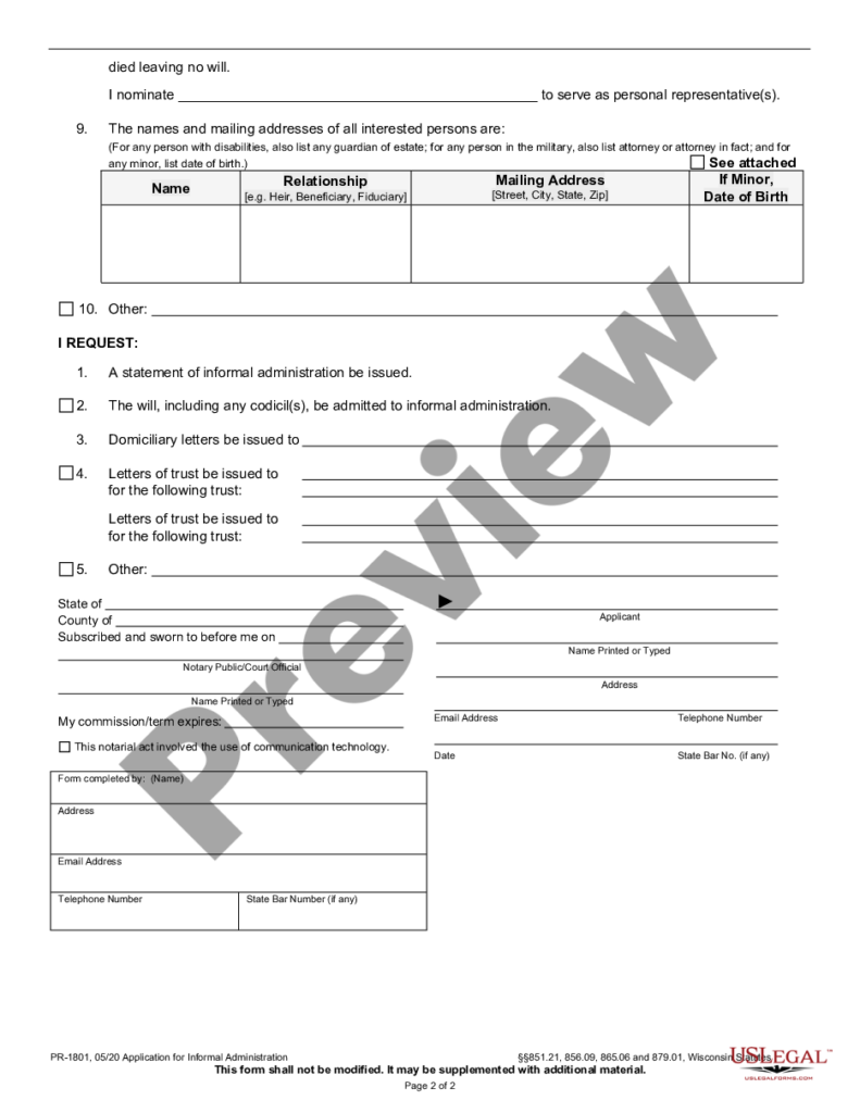 Application For Informal Administration Wisconsin Withholding Tax US 