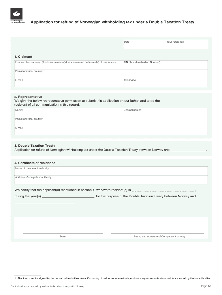 Application For Refund Of Norwegian Withholding Tax Under A Double Taxation Treaty Fill And 