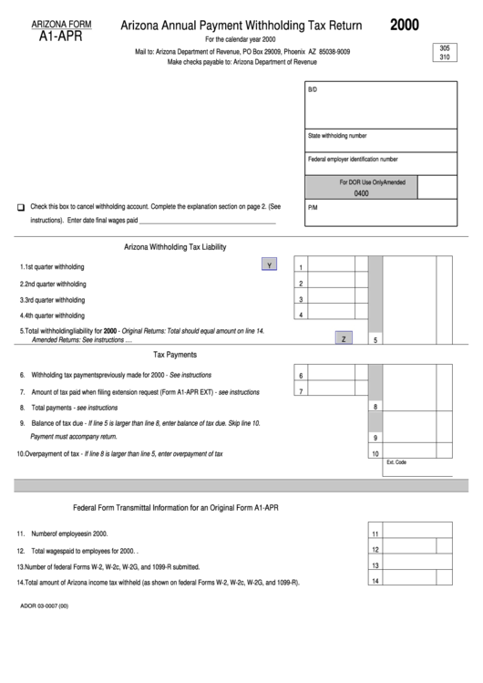 Arizona Form A1 Apr Arizona Annual Payment Withholding Tax Return 