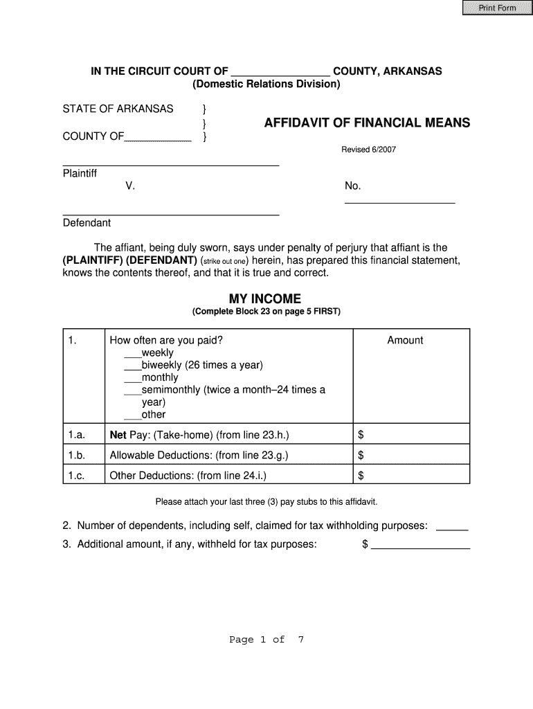 Arkansas Affidavit Of Financial Means Fill Out And Sign Printable PDF 