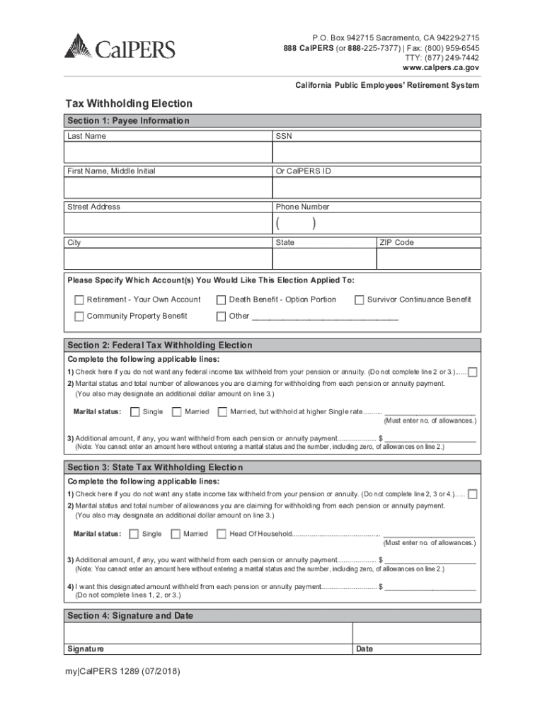 CA CalPERS Tax Withholding Election 2018 Fill And Sign Printable 