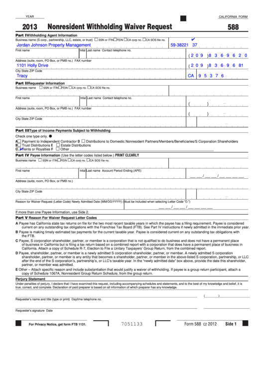 California Form 588 Nonresident Withholding Waiver Request 2013