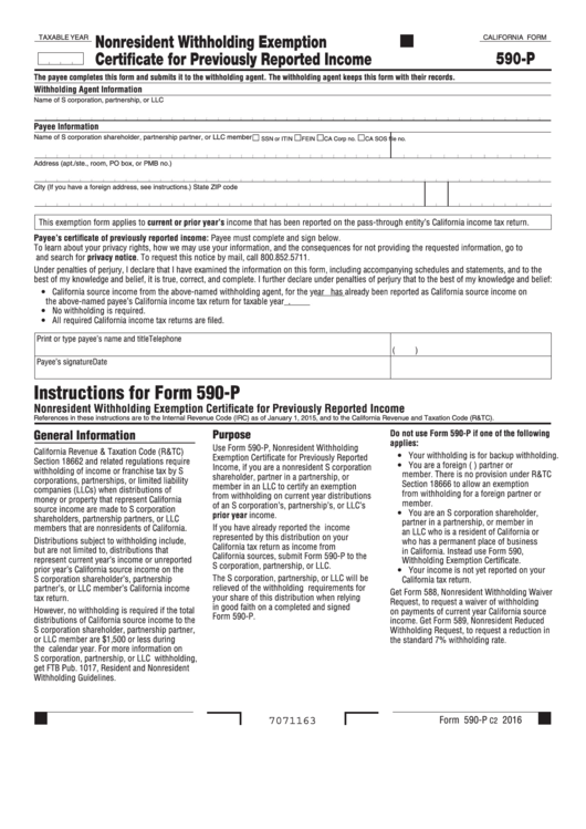 California Form 590 P Nonresident Withholding Exemption Certificate