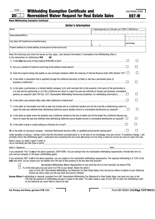 California Form 597 W Withholding Exemption Certificate And 