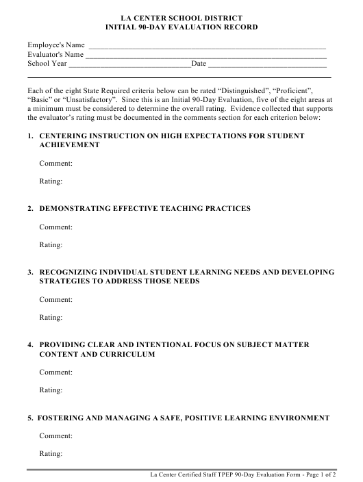 California Initial 90 day Evaluation Record Form La Center School 