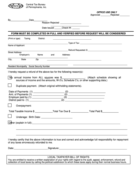 Central Tax Bureau Of Pennsylvania Form Printable Pdf Download