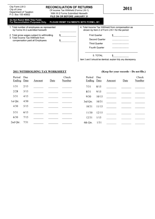 City Form Lw 3 Reconciliation Of Returns City Of Lima Department Of 