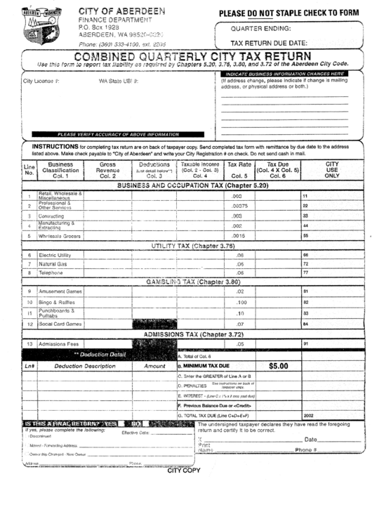 Combined Quarterly City Tax Return Form City Of Aberdeen Printable 