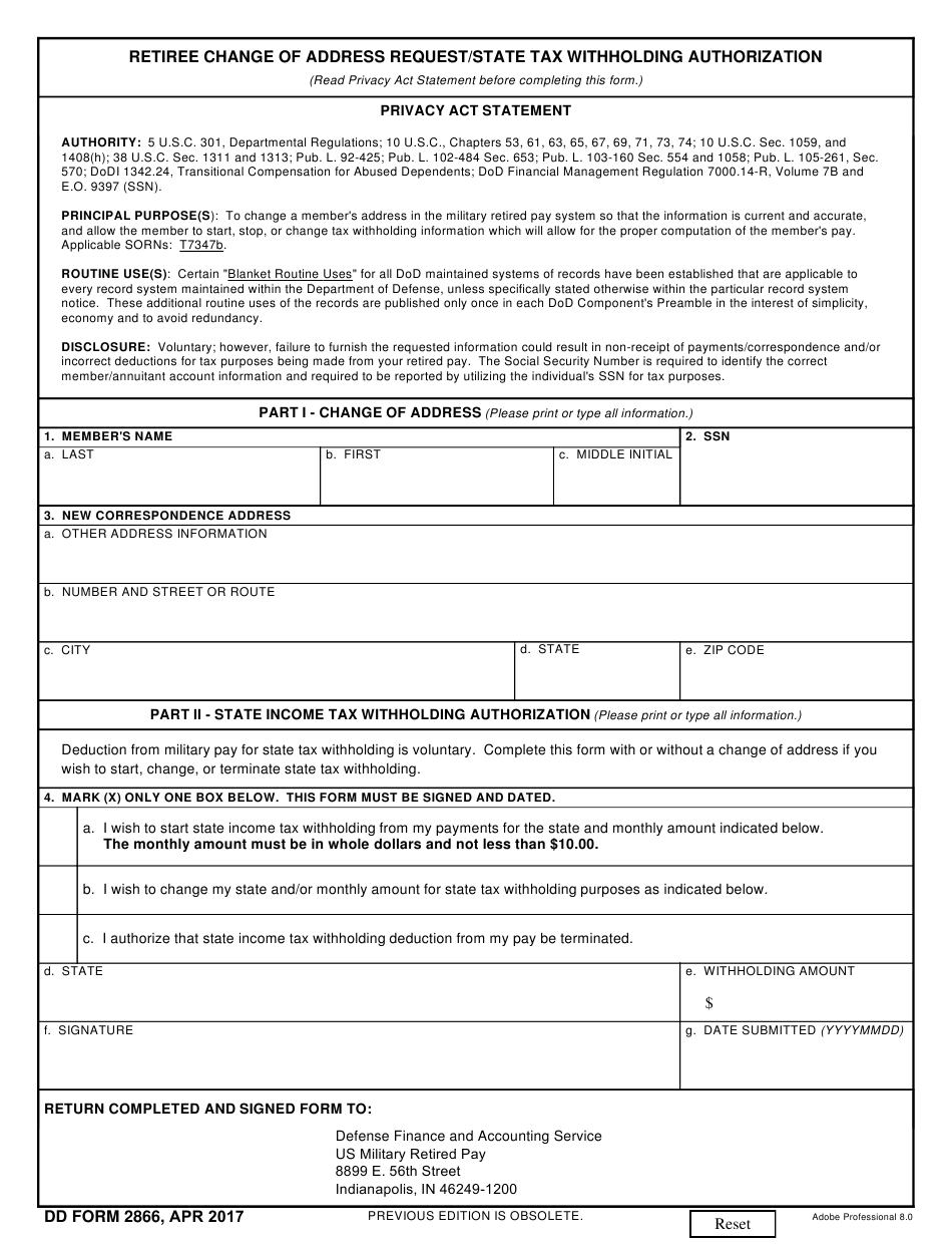 DD Form 2866 Download Fillable PDF Or Fill Online Retiree Change Of