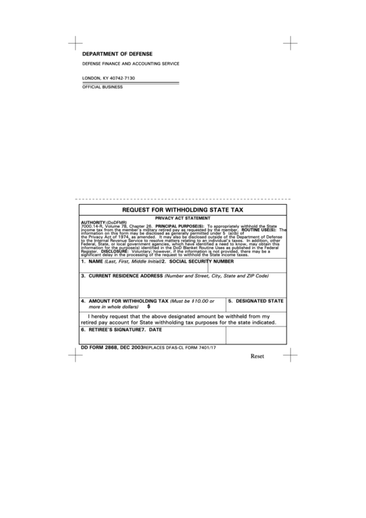 Dd Form 2868 Request For Withholding State Tax Department Of 