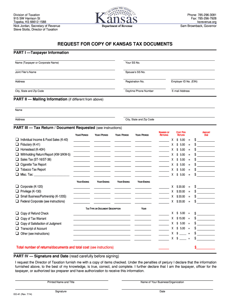 DO 41 Request For Copy Of Kansas Tax Documents Or Access Rev 7 14 Copy 