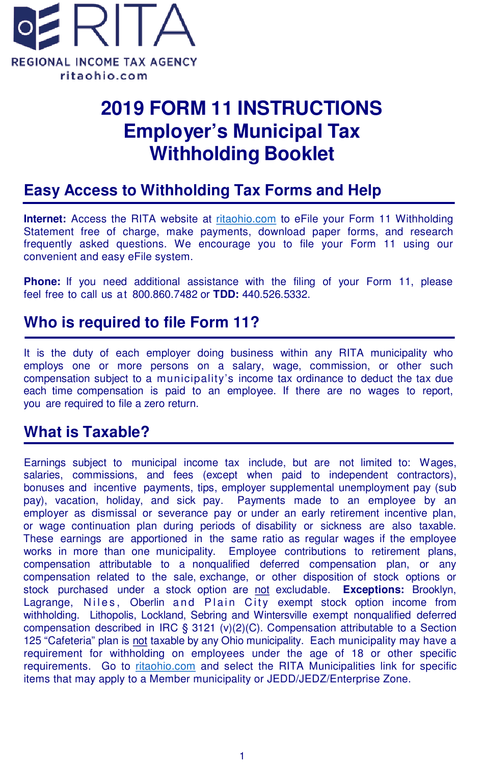 Download Instructions For Form 11 Employer s Municipal Withholding 