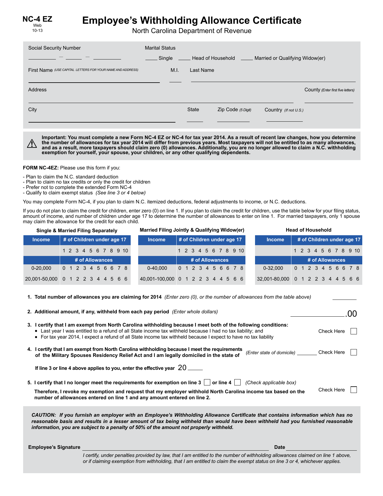 Employee s Withholding Allowance Certificate NC 4 EZ