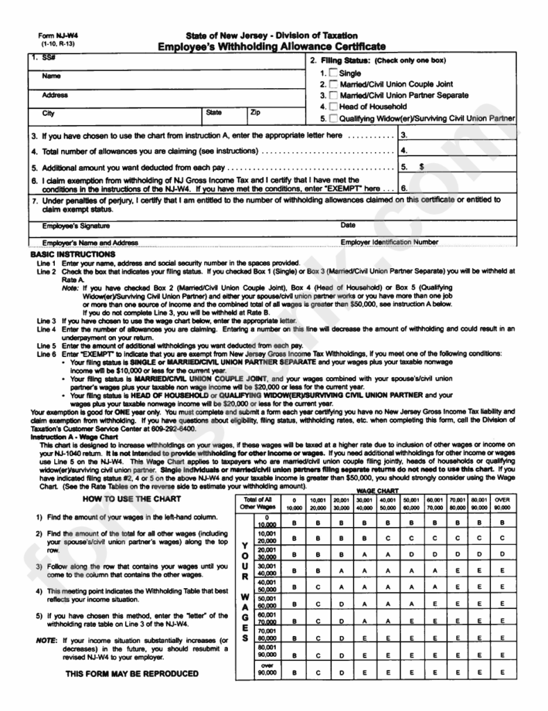 Employee S Withholding Allowance Certificate Nj W 4 Printable Pdf 