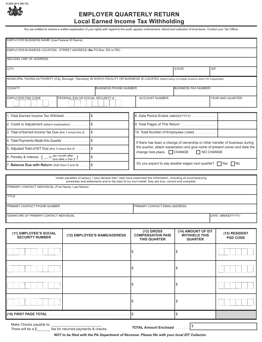 Employer Quarterly Return Local Earned Income Tax Withholding Tax Walls