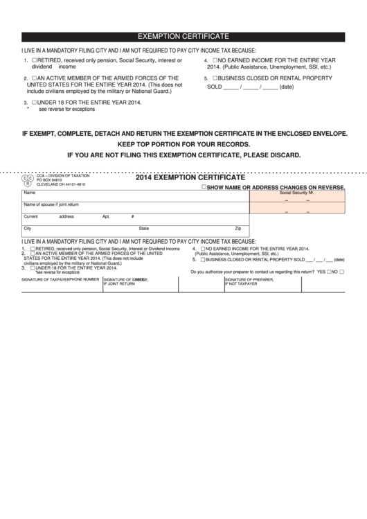 Exemption Certificate Form Division Of Taxation 2012 Printable 