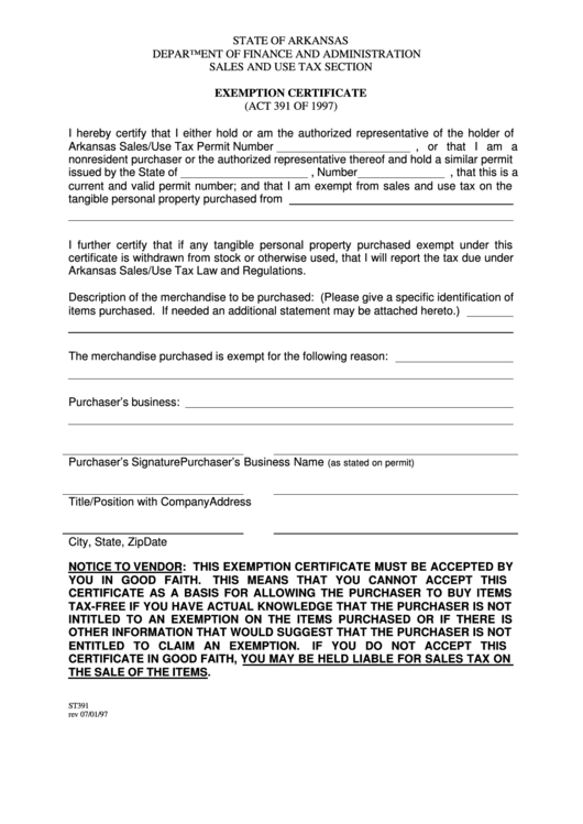 Exemption Crtificate Form State Of Arkansas Department Of Finance