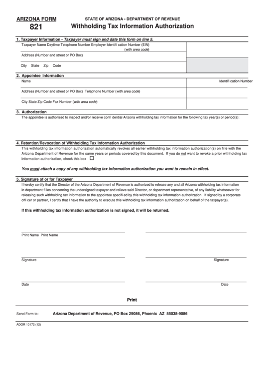 Fillable Arizona Form 821 Withholding Tax Information Authorization Printable Pdf Download