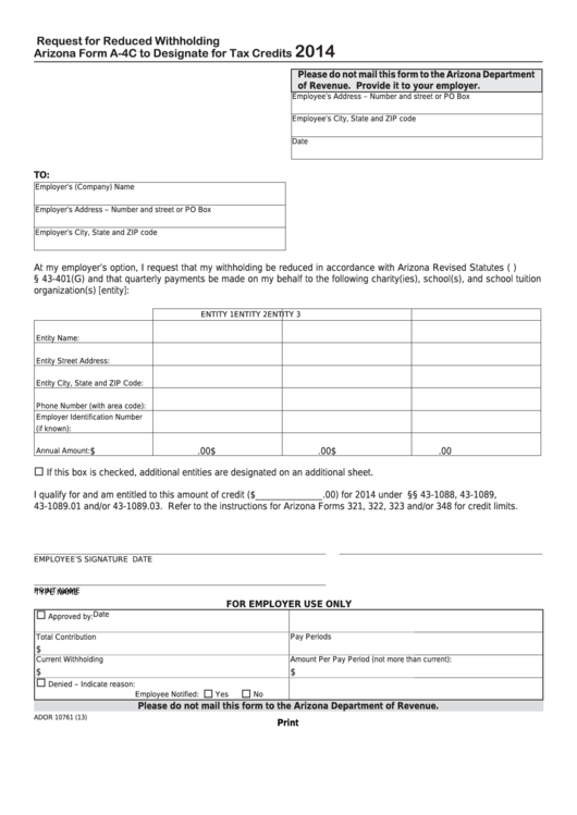 Fillable Arizona Form A 4c Request For Reduced Withholding To 