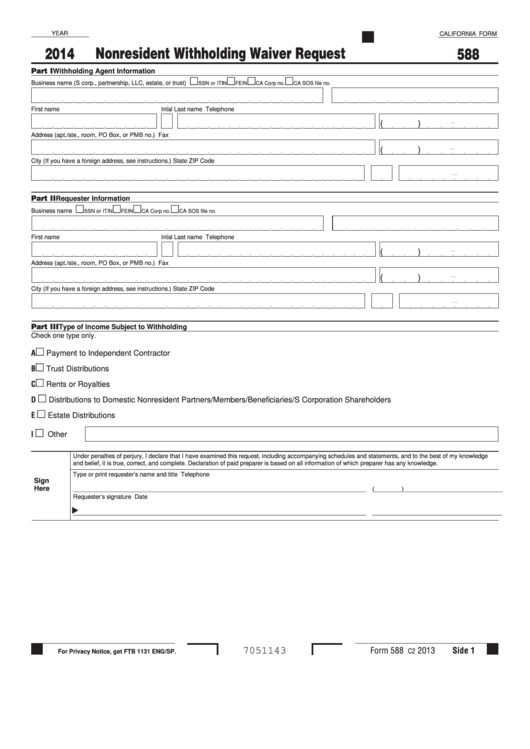 Fillable California Form 588 Nonresident Withholding Waiver Request