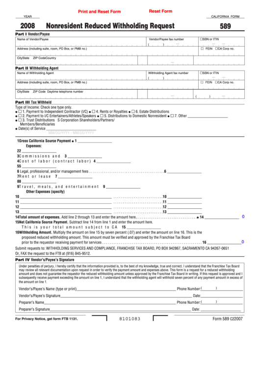 Fillable California Form 589 Nonresident Reduced Withholding Request 