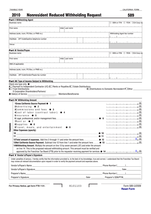 Fillable California Form 589 Nonresident Reduced Withholding Request 