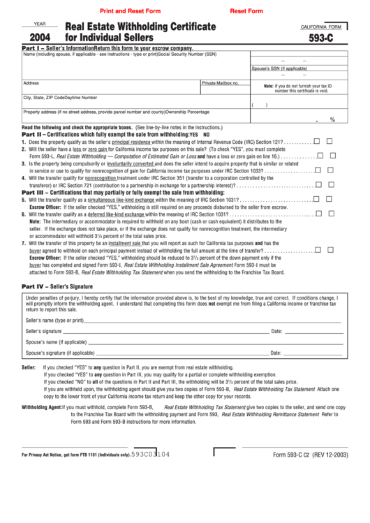 Fillable California Form 593 C Real Estate Withholding Certificate For Individual Sellers 