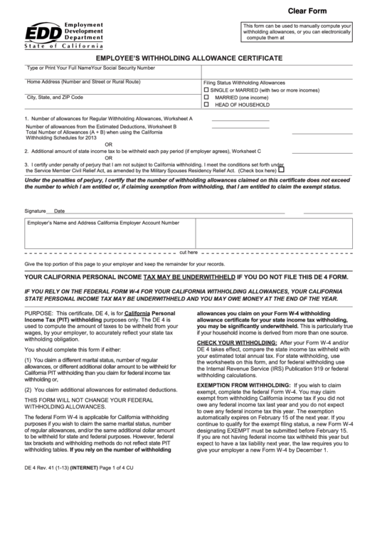 Fillable Employee S Withholding Allowance Certificate Template California Printable Pdf Download