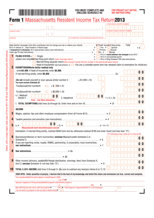 Fillable Form 1 Massachusetts Resident Income Tax Return 2013 Printable Pdf Download