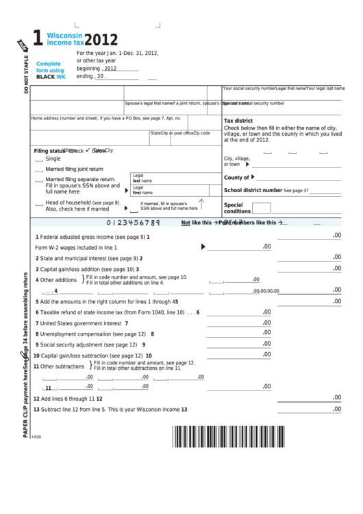 Fillable Form 1 Wisconsin Income Tax 2012 Printable Pdf Download