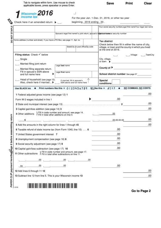 Fillable Form 1 Wisconsin Income Tax 2016 Printable Pdf Download