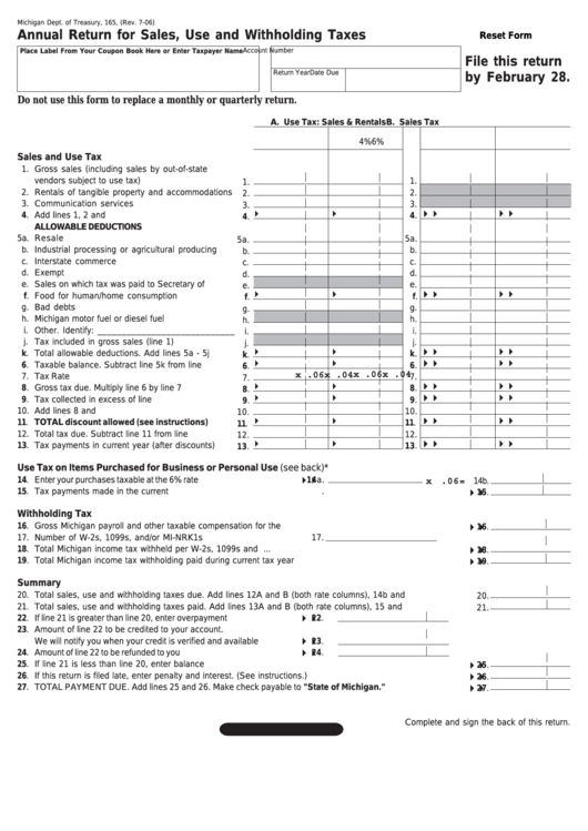 Fillable Form 165 Annual Return For Sales Use And Withholding Taxes