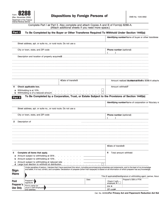 Fillable Form 8288 U s Withholding Tax Return For Dispositions By 