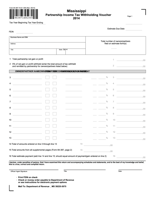 Fillable Form 84 387 14 8 1 000 Mississippi Partnership Income Tax 