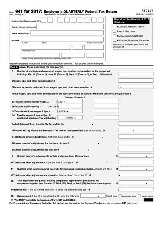 Fillable Form 941 Employer S Quarterly Federal Tax Return 2017 