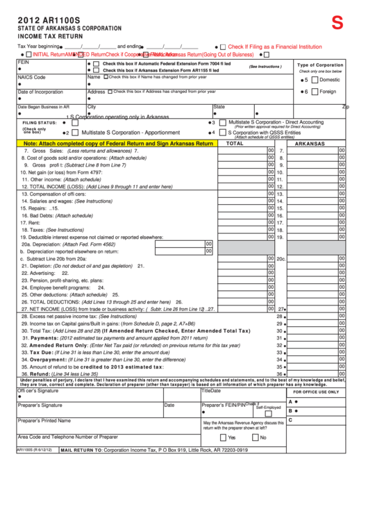 Fillable Form Ar1100s State Of Arkansas S Corporation Income Tax 