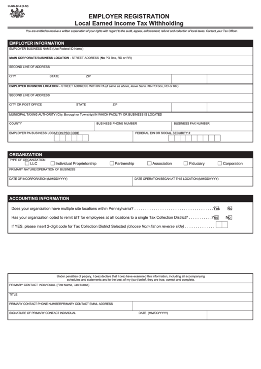 Fillable Form Clgs 32 4 Employer Registration Local Earned Income 