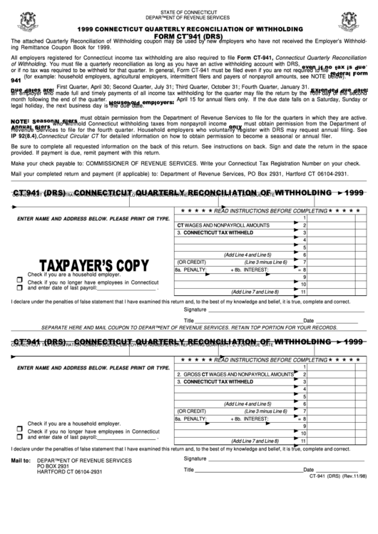 Fillable Form Ct 941 Drs Connecticut Quarterly Reconciliation Of