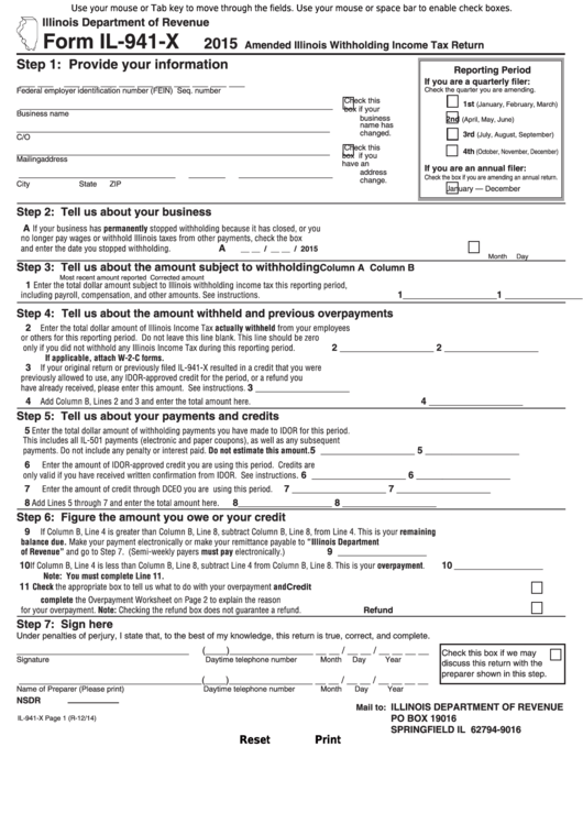 Fillable Form Il 941 X Amended Illinois Withholding Income Tax Return 2015 Printable Pdf