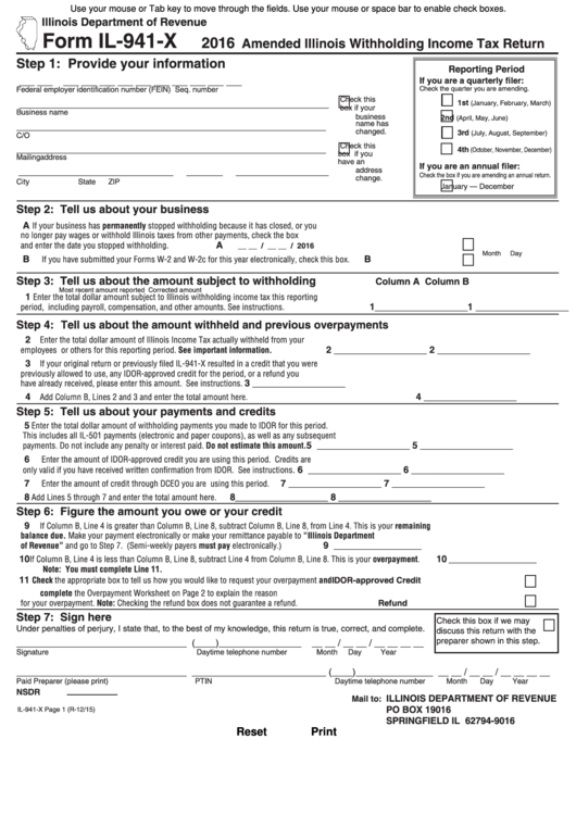 Fillable Form Il 941 X Illinois Withholding Income Tax Return 2016 