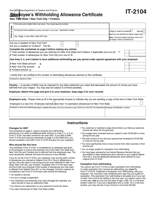 Fillable Form It 2104 Employee S Withholding Allowance Certificate 