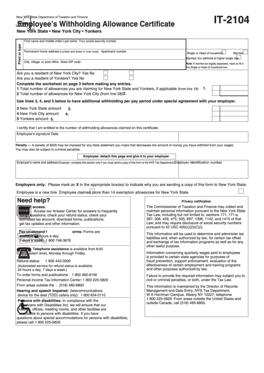 Fillable Form It 2104 Employee S Withholding Allowance Certificate