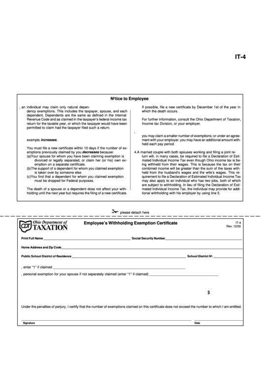 Fillable Form It 4 Employee S Withholding Exemption Certificate Printable Pdf Download