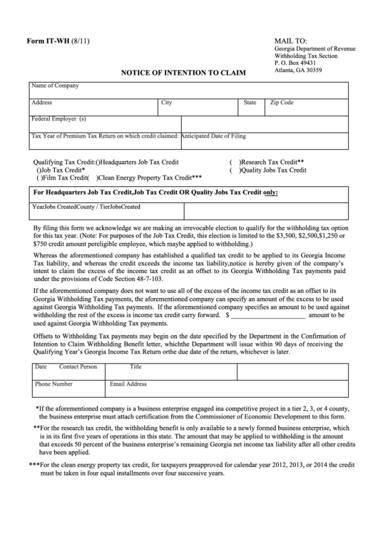 Fillable Form It Wh Notice Of Intention To Claim 2011 Printable Pdf 